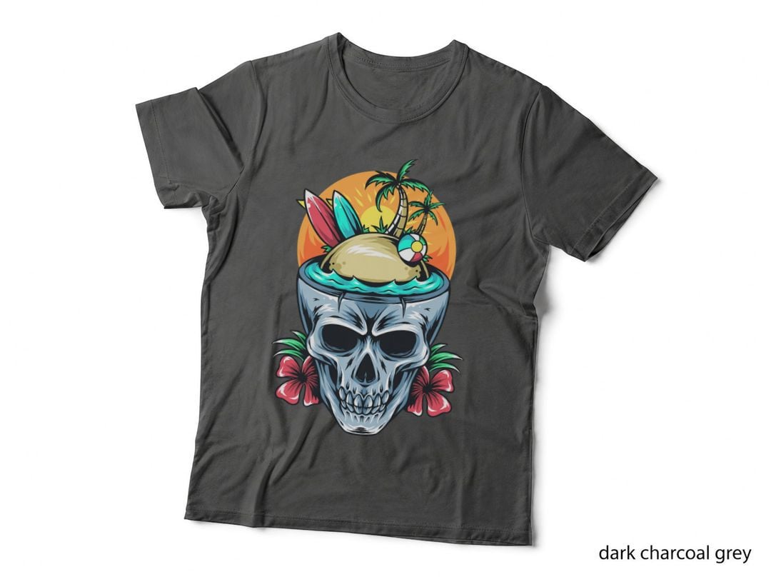 Skull Beach Scene with Tropical Island Sunset Inside Skeleton Colorful T-Shirt