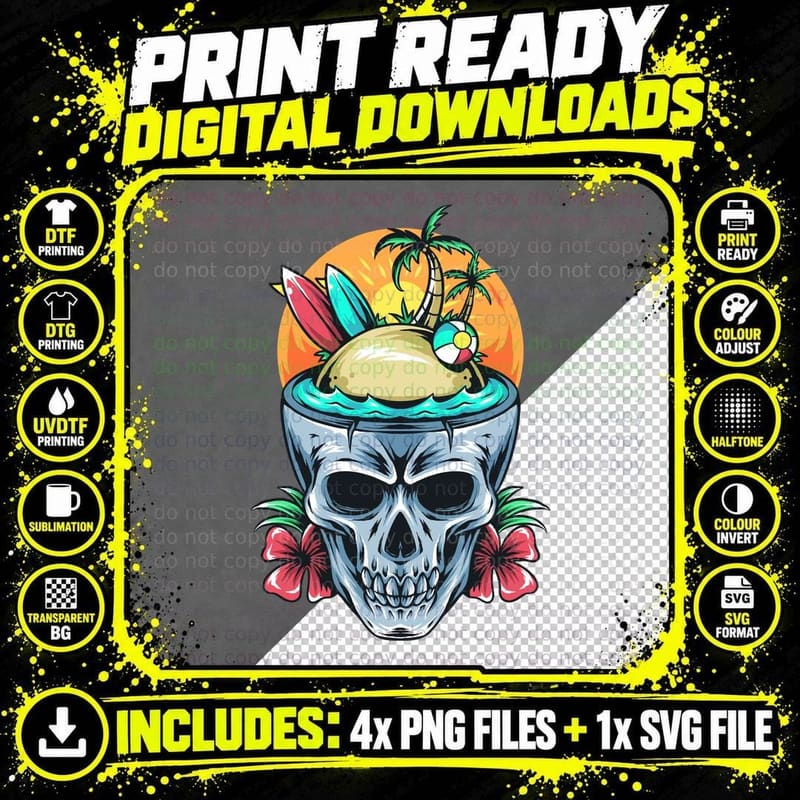 Skull Beach Scene with Tropical Island Sunset Inside Png SVG Digital Bundle