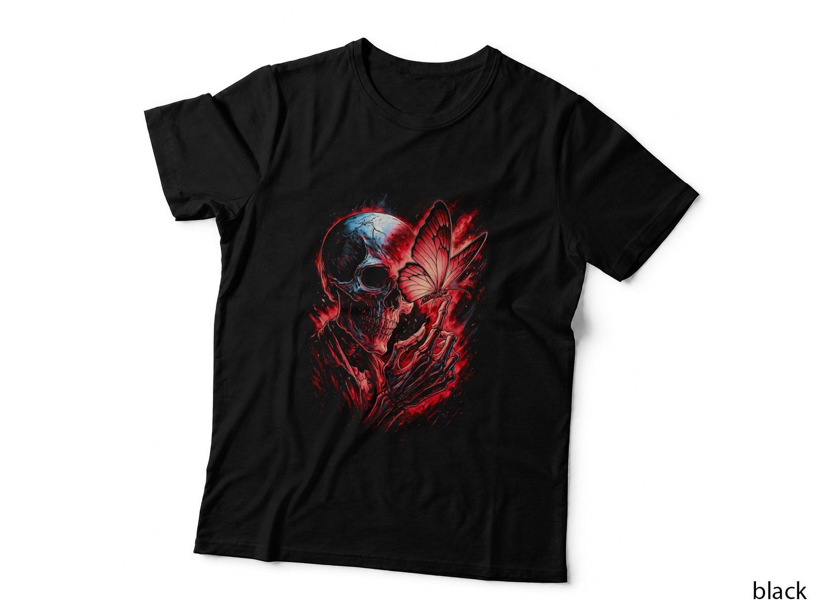 Skull Butterfly Romantic T-Shirt, Halftone Gothic Skull Graphic Tee