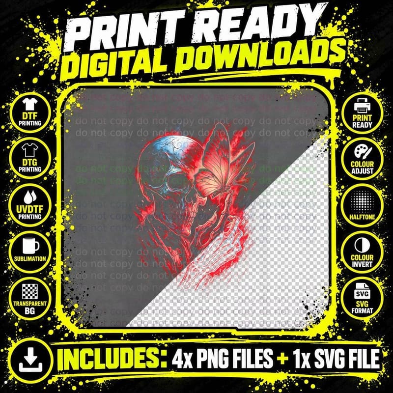 Skull Butterfly Romantic T-Shirt, Halftone Gothic Skull Png SVG Digital Bundle