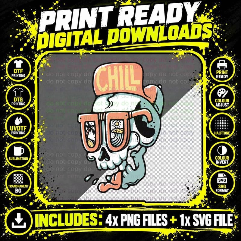 Skull Chill Skeleton Head with Colorful Brain Design Png SVG Digital Bundle