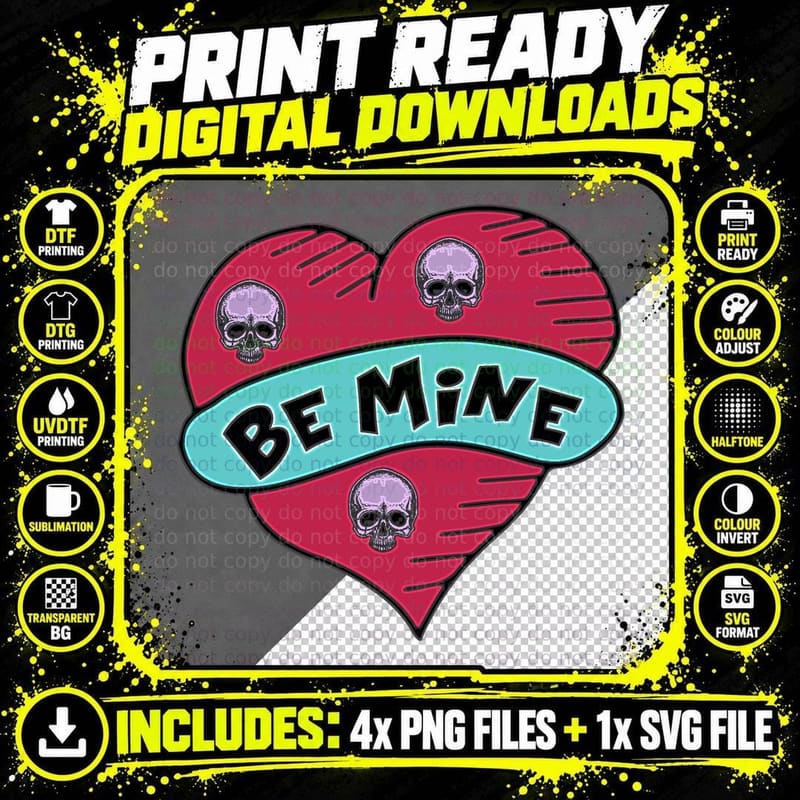 Skull Heart Be Mine with Skulls Banner Red Dark T-Shirt Png SVG Digital Bundle