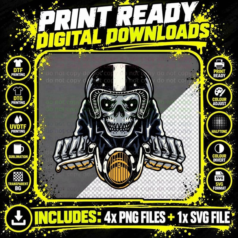 Skull Motorcycle Helmet Skeleton Head with Edgy Biker Png SVG Digital Bundle