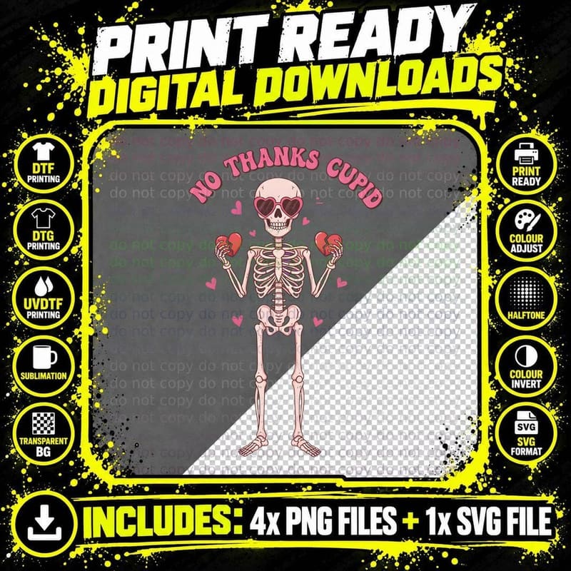 Skull No Thanks Cupid Pink Skeleton with Red Hearts Png SVG Digital Bundle