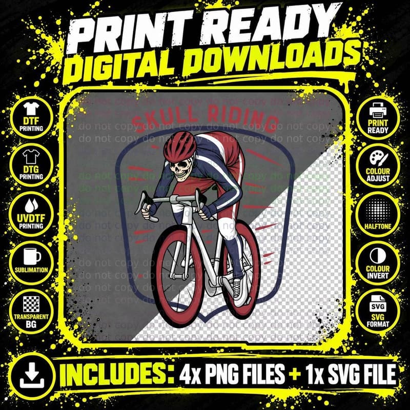 Skull Rider Riding Skeleton Bicycle Red Retro T-Shirt Png SVG Digital Bundle