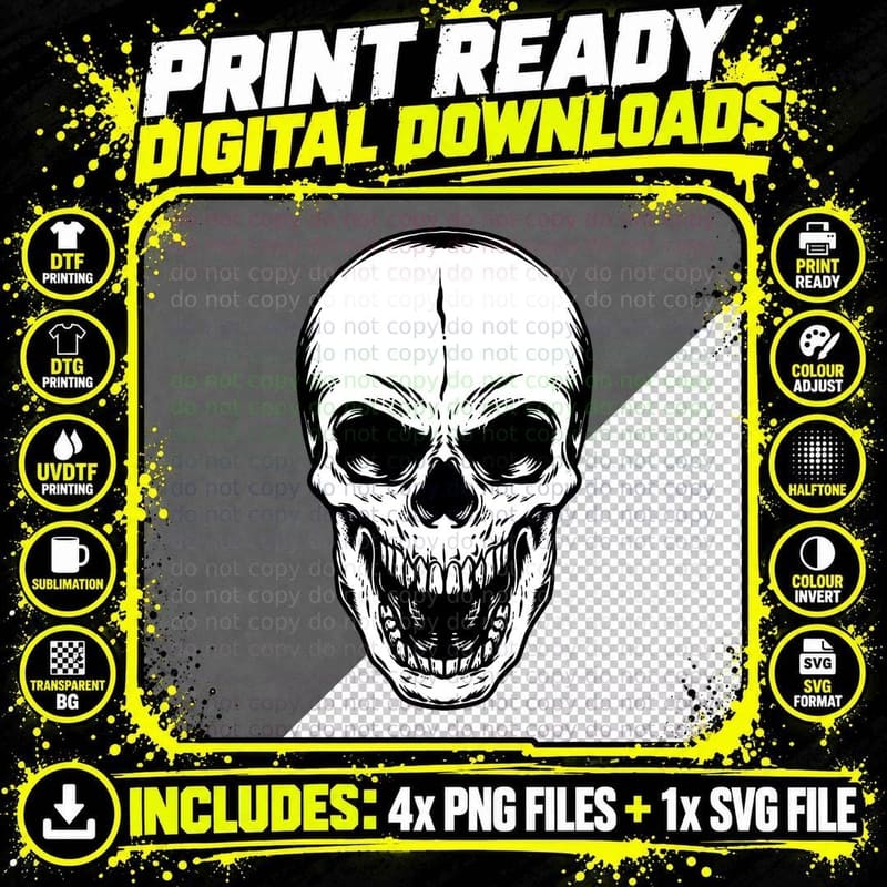 Skull Skeleton Monochrome Black White Classic Death Png SVG Digital Bundle