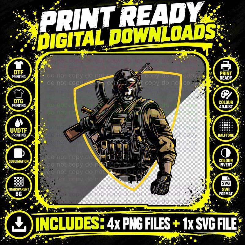 Skull Soldier Skeleton Yellow Shield Tactical T-Shirt Png SVG Digital Bundle