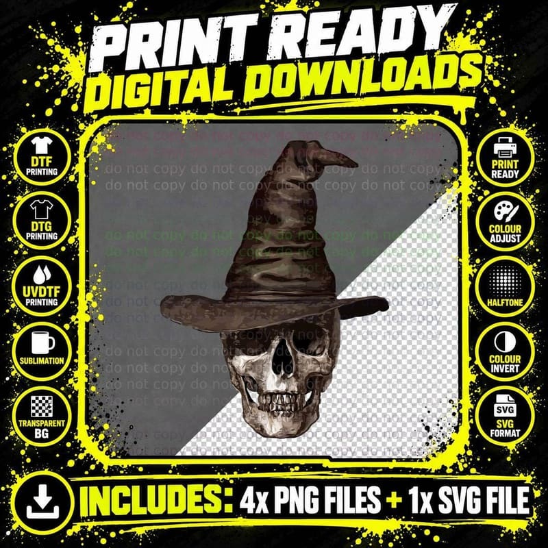 Skull Wearing Witch Hat Realistic Painted Brown Png SVG Digital Bundle