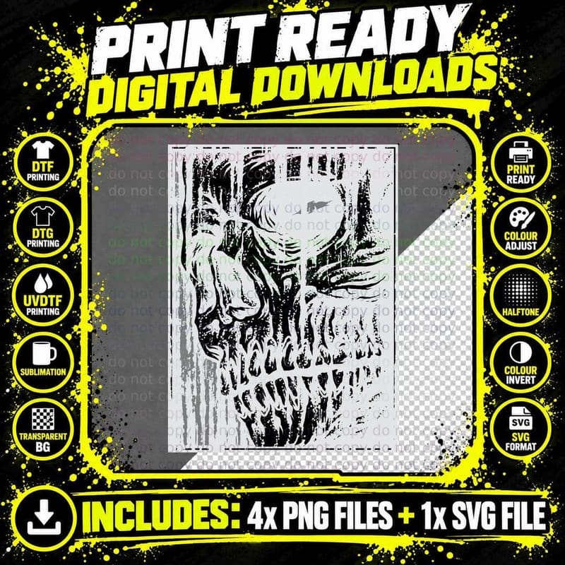 Skull Woodcut Abstract Black White Horror T-Shirt Png SVG Digital Bundle