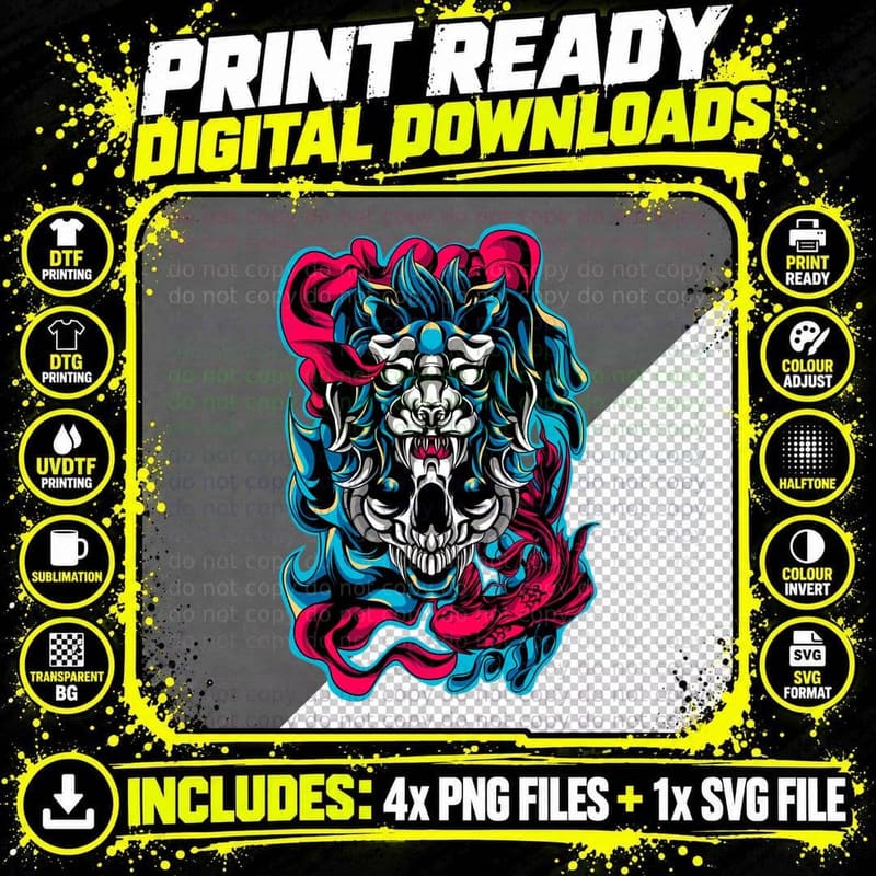 Skull with Demons Snakes Pink Blue Neon Horror Png SVG Digital Bundle