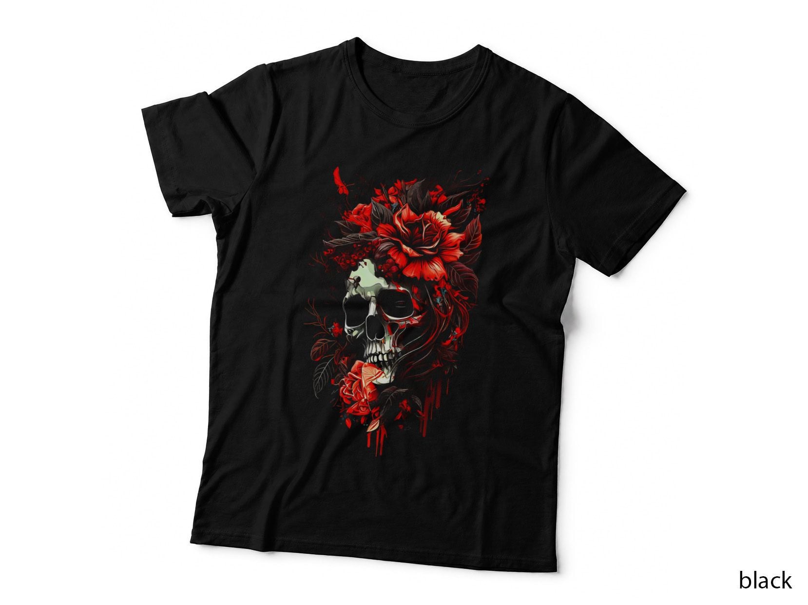Skull with Red Flowers Skeleton with Blooming Roses Gothic Romantic T-Shirt