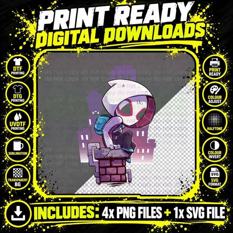 Spider-Gwen Chibi Cartoon Ghost-Spider Sitting Rooftop Png SVG Digital Bundle