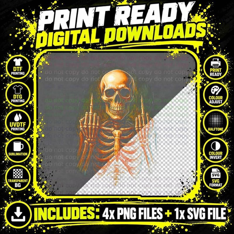 Spiked Hand Gesture Skull T-Shirt, Halftone Gothic Skull Png SVG Digital Bundle