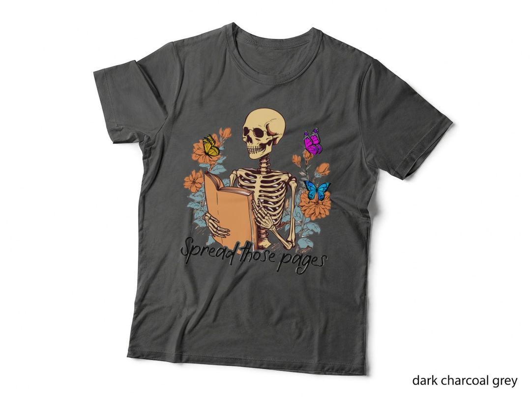 Spread Those Pages Books T-Shirt, Skeleton Reading Book with Graphic Tee