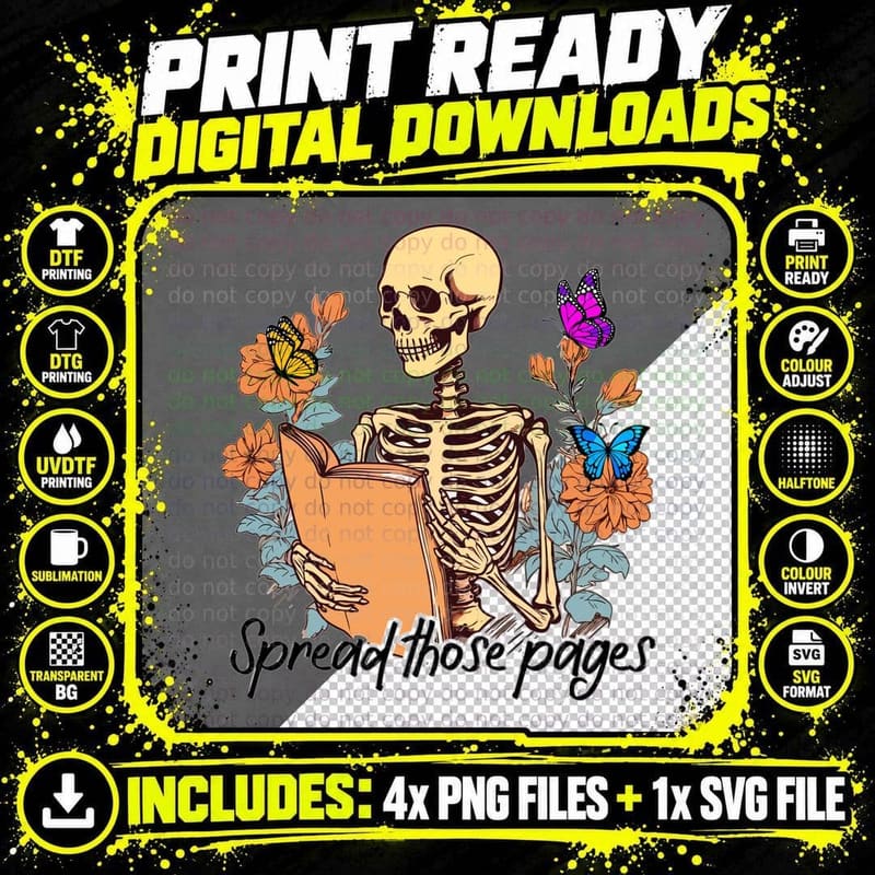 Spread Those Pages Books T-Shirt, Skeleton Reading Book Png SVG Digital Bundle