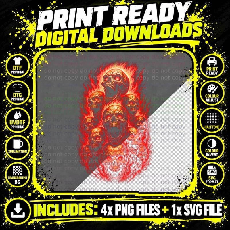 Stacked Demon Skulls T-Shirt, Halftone Gothic Skull Png SVG Digital Bundle