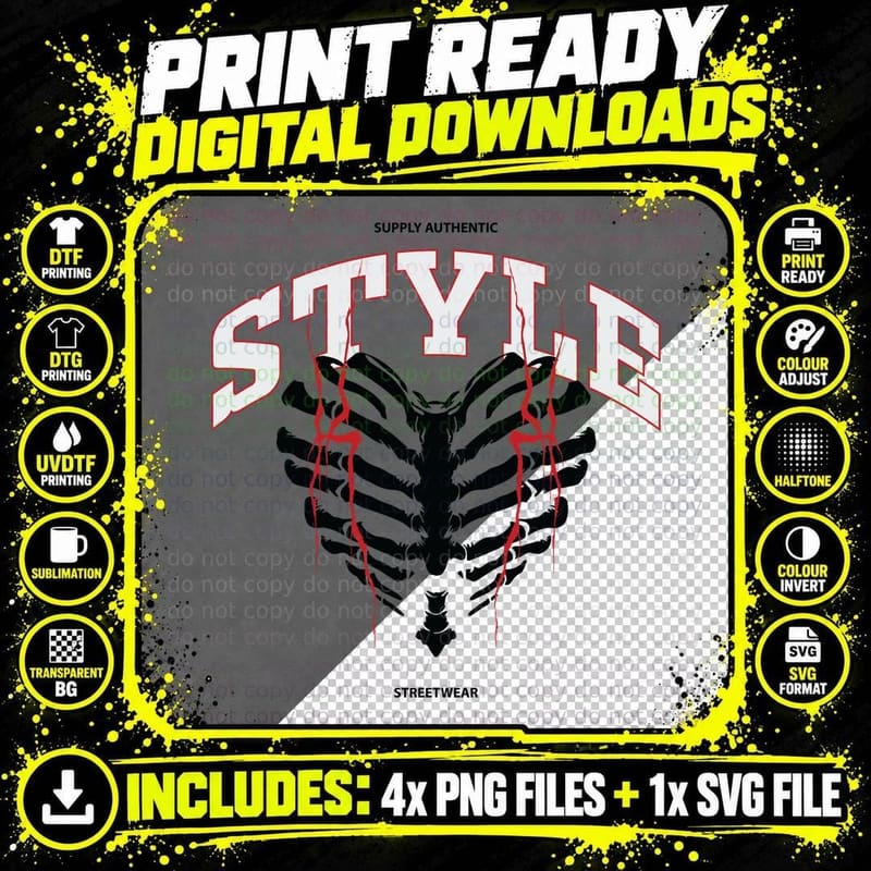 Style Supply Authentic Streetwear Skeleton Bones Red Png SVG Digital Bundle