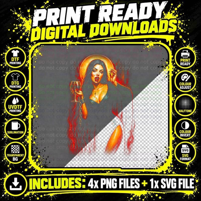 Succubus Demon T-Shirt, Halftone Horror Demon Graphic Png SVG Digital Bundle