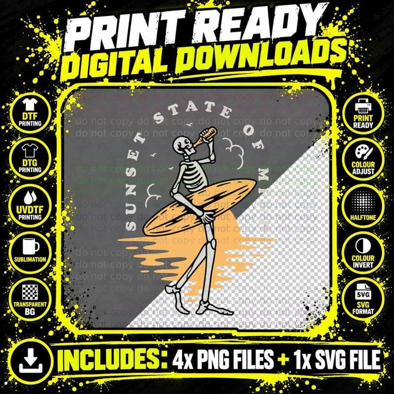 Sunset Surfer State of Mind of Skeleton T-Shirt Png SVG Digital Bundle