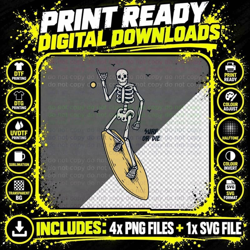 Surfer Surf or Die Skeleton Yellow Surfboard Beach Png SVG Digital Bundle