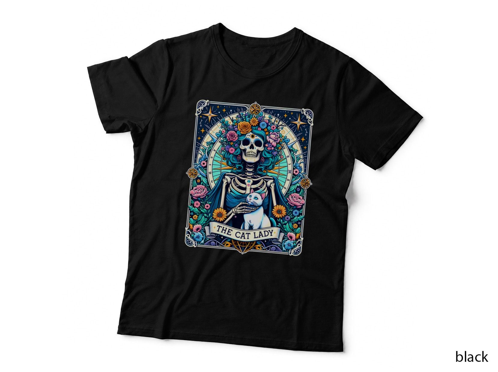 The Cat Lady Cat T-Shirt, Skeleton Cat Lady with Flowers Graphic Tee