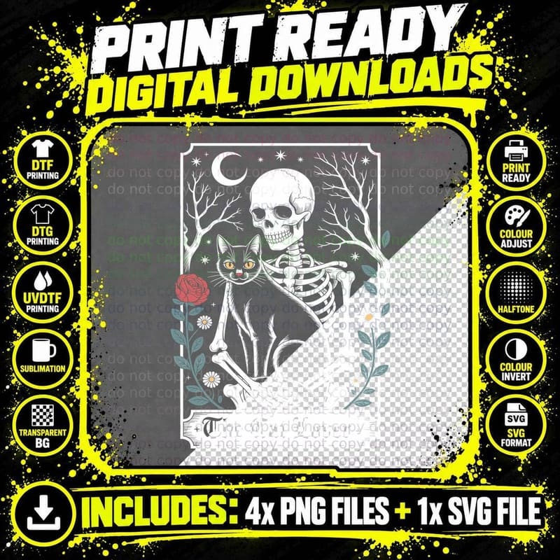 The Cat Lover Cat T-Shirt, Skeleton Cat in Moonlit Png SVG Digital Bundle