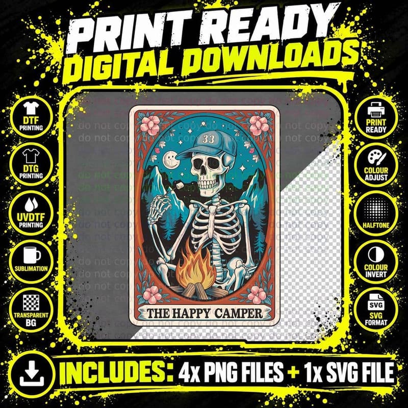 The Happy Camper Camping T-Shirt, Skeleton Roasting Png SVG Digital Bundle