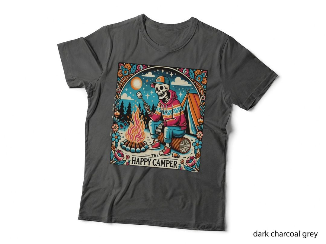 The Happy Camper Camping T-Shirt, Skeleton Roasting Marshmallows Near Graphic