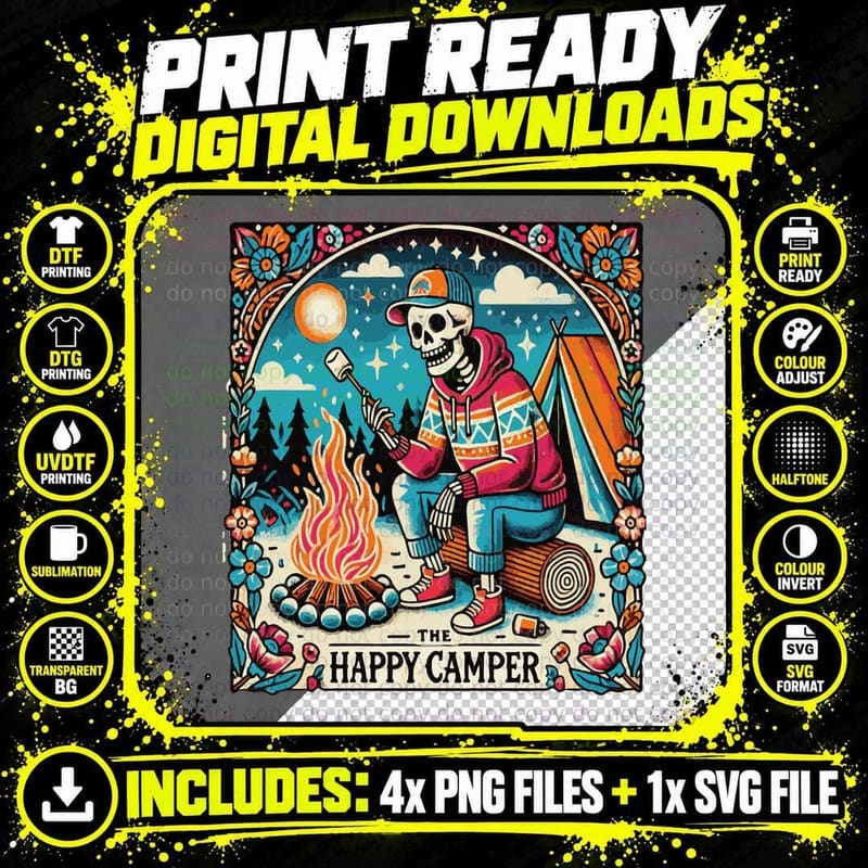 The Happy Camper Camping T-Shirt, Skeleton Roasting Png SVG Digital Bundle