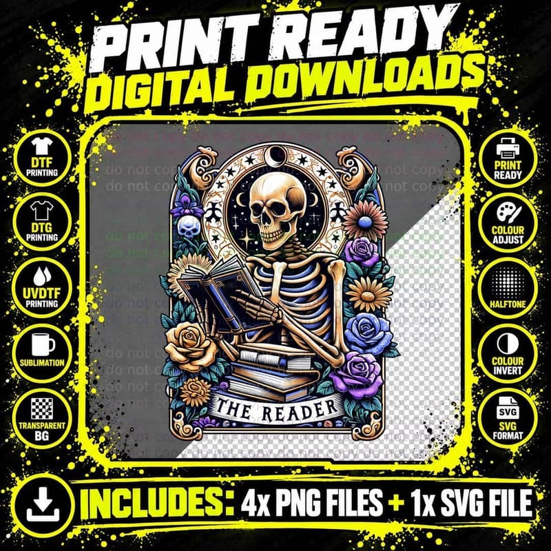 The Reader Books T-Shirt, Skeleton Reading Book Png SVG Digital Bundle