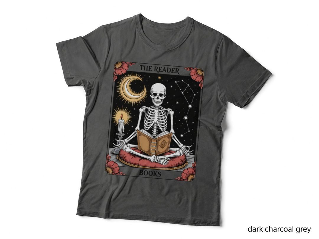 The Reader Books T-Shirt, Skeleton Reading Book Under Stars Graphic Tee