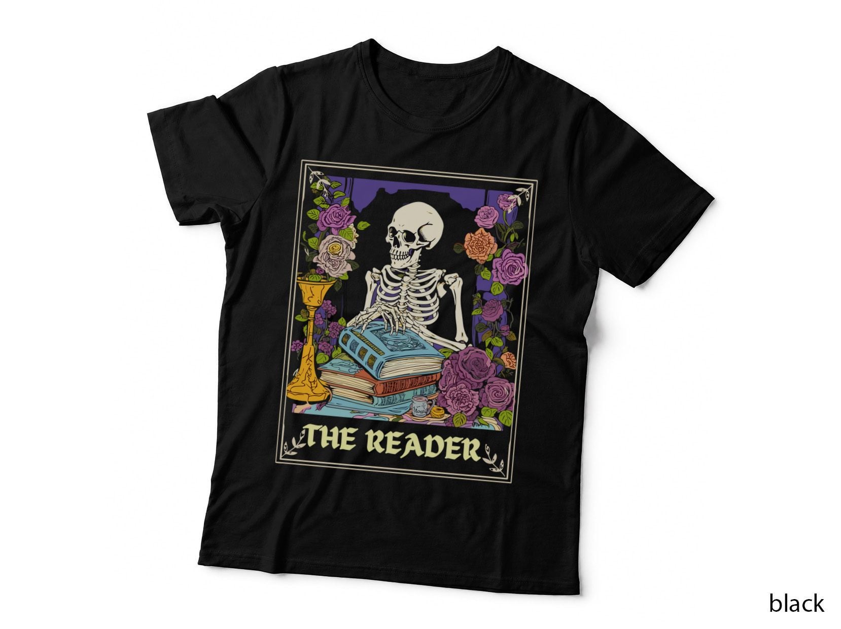 The Reader Books T-Shirt, Skeleton Reading Book with Flowers Graphic Tee