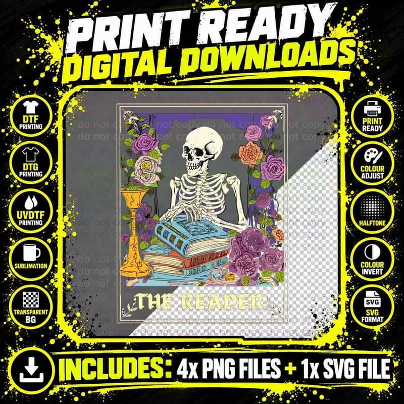 The Reader Books T-Shirt, Skeleton Reading Book with Png SVG Digital Bundle