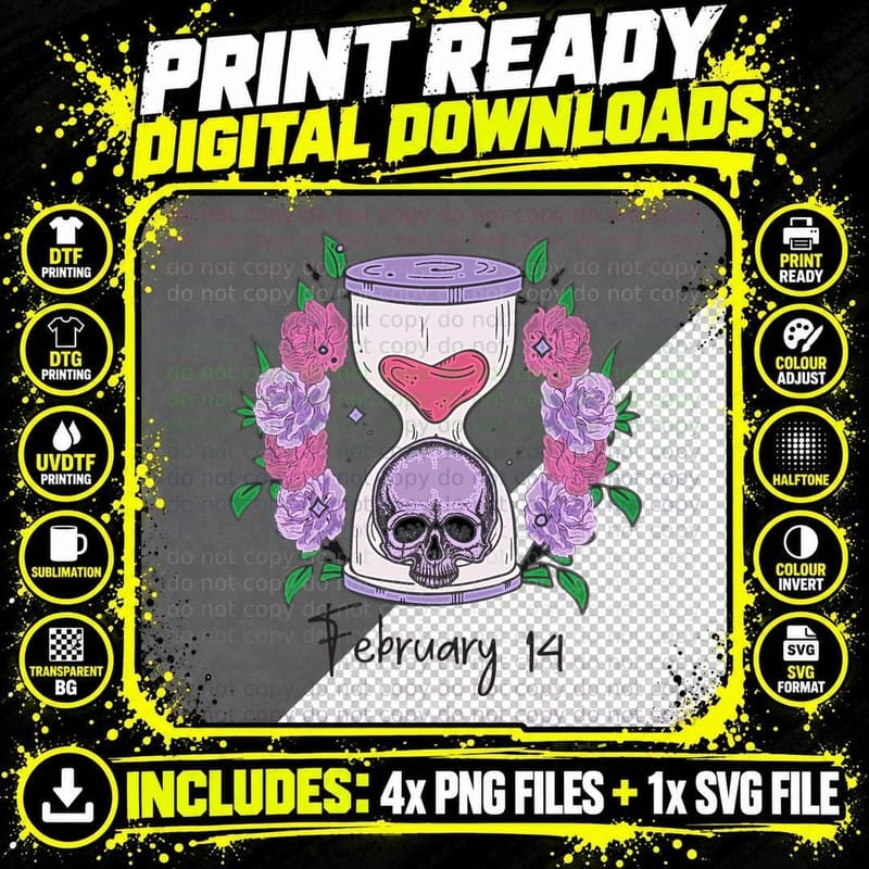 Time Memento February 14 Hourglass Heart Skull Roses Png SVG Digital Bundle