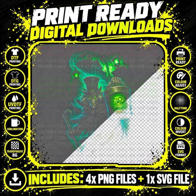 Top Hat Reaper T-Shirt, Halftone Horror Skull Graphic Png SVG Digital Bundle