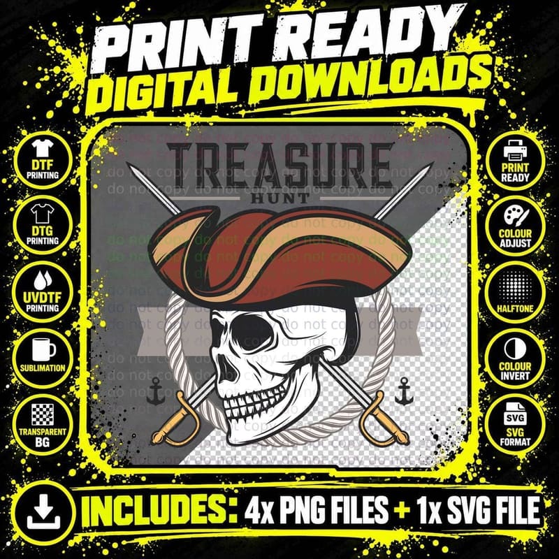 Treasure Hunt Skeleton Pirate Skull Sword Anchor Bones Png SVG Digital Bundle
