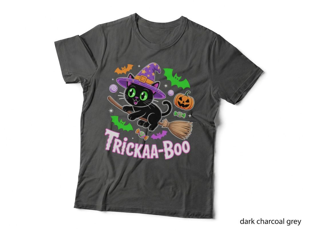 Trickaa-Boo Cat T-Shirt, Halloween Cat on Broomstick with Graphic Tee