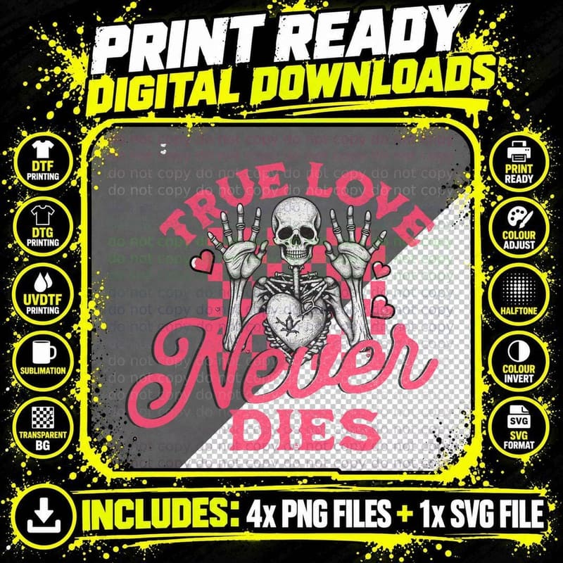 True Love Never Dies Skeleton Hands Pink Heart Gothic Png SVG Digital Bundle