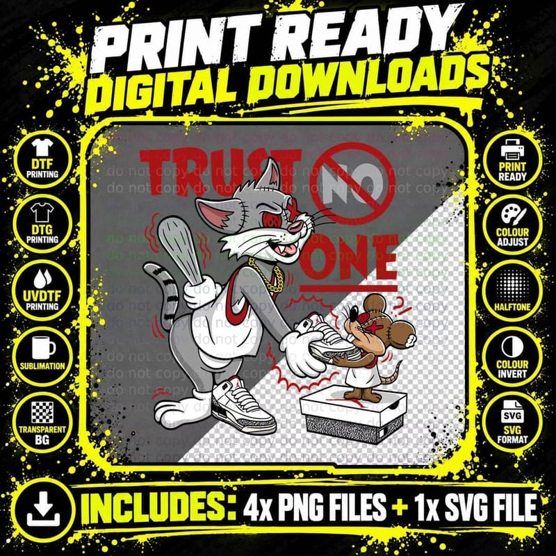 Trust No One Cartoon Cat Cooking Horror Monochrome Png SVG Digital Bundle