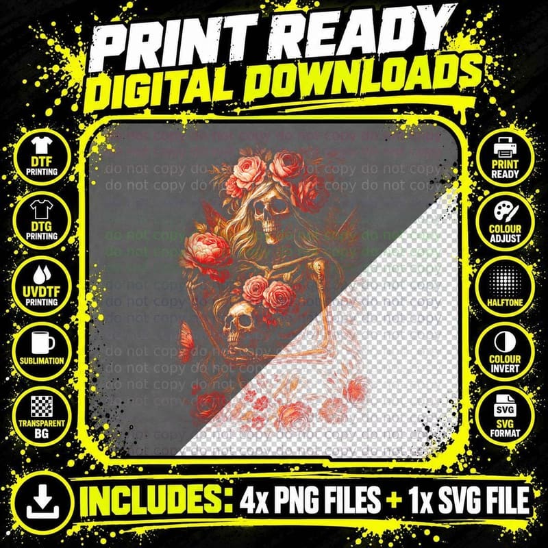 Two Skulls Roses Hair T-Shirt, Halftone Gothic Skull Png SVG Digital Bundle