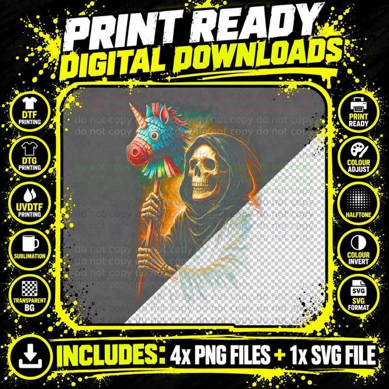 Unicorn Rainbow Reaper T-Shirt, Halftone Gothic Skull Png SVG Digital Bundle