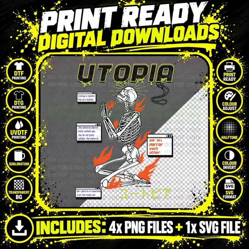 Utopia We All Mirror Each Other Skeleton Japanese Text Png SVG Digital Bundle
