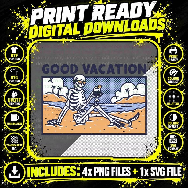 Vacation Good Skeleton Beach Retro Illustration Summer Png SVG Digital Bundle