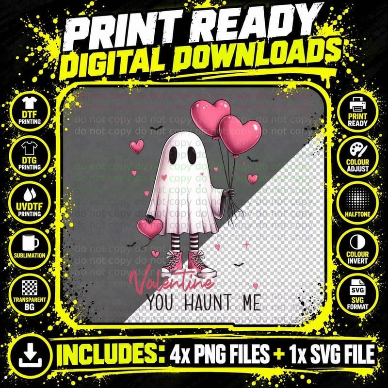 Valentine Ghost You Haunt Me White with Pink Heart Png SVG Digital Bundle