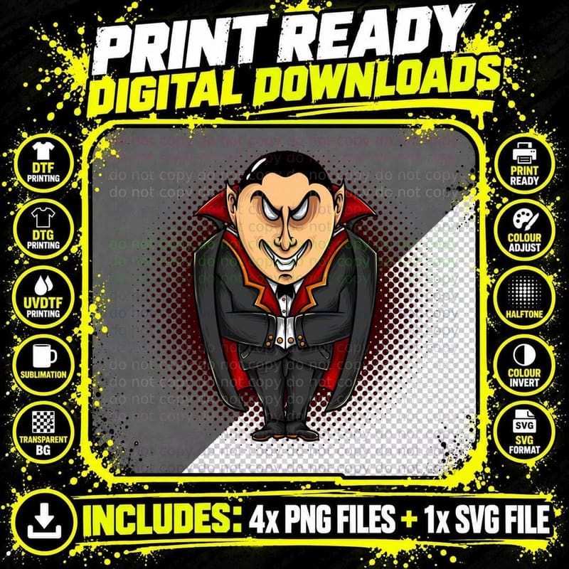 Vampire Count with Red Cape Halftone T-Shirt Png SVG Digital Bundle