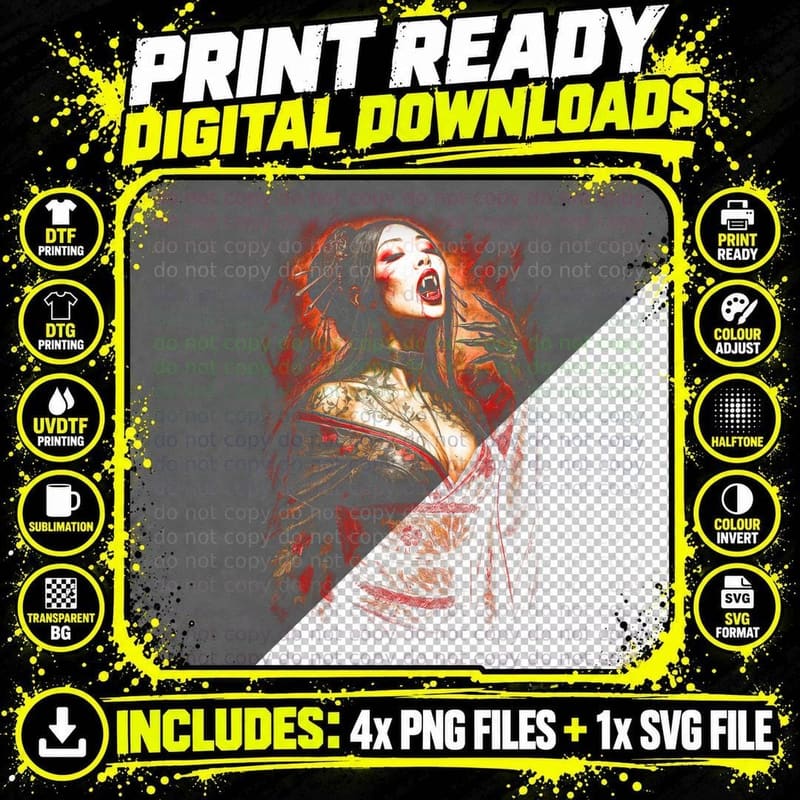 Vampire Geisha T-Shirt, Halftone Dark Japanese Graphic Png SVG Digital Bundle