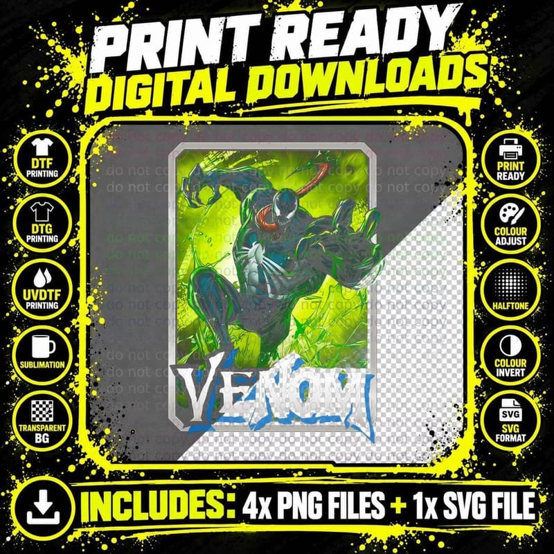 Venom Halftone Yellow Green Alien Symbiote Horror Png SVG Digital Bundle