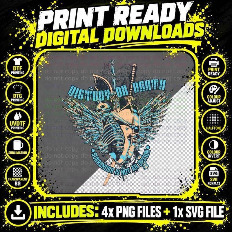 Victory or Death Conquer Is Not Enough Skeleton Warrior Png SVG Digital Bundle