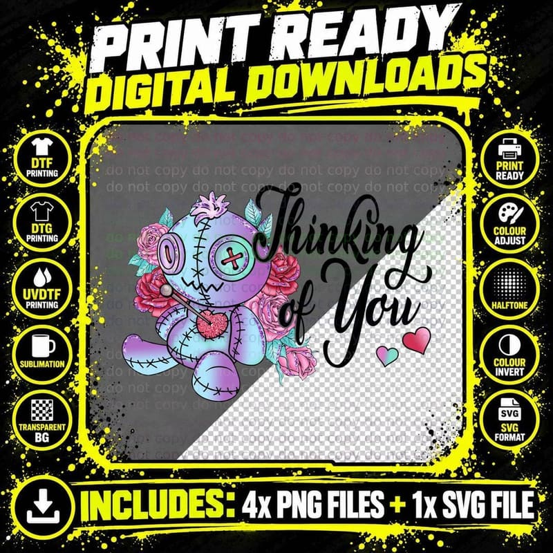 Voodoo Doll Thinking of You Stitched Purple Pink Roses Png SVG Digital Bundle