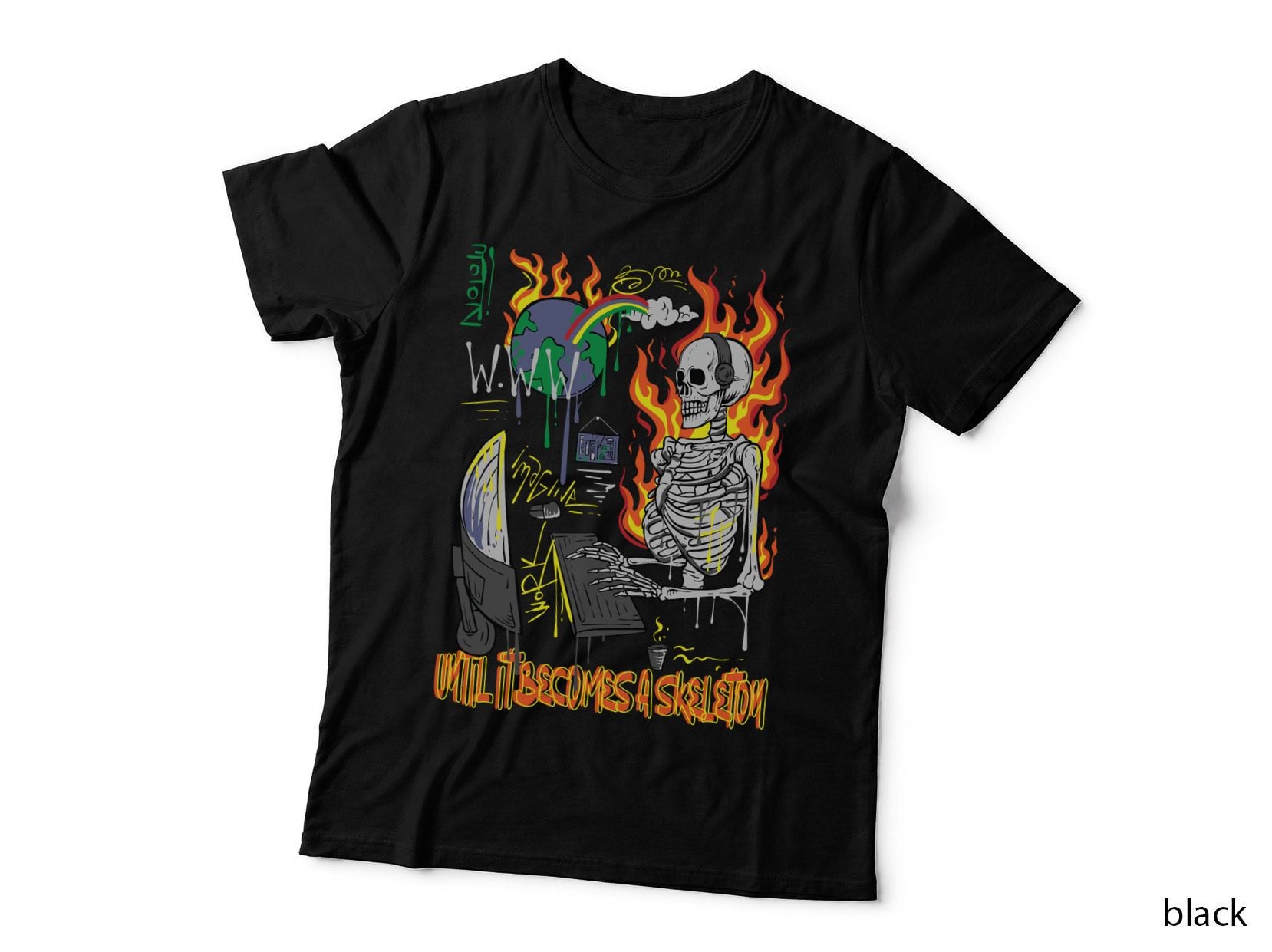 W.w.w Util Becomes a Skeleton Flames Fire Yellow Halftone Distressed T-Shirt